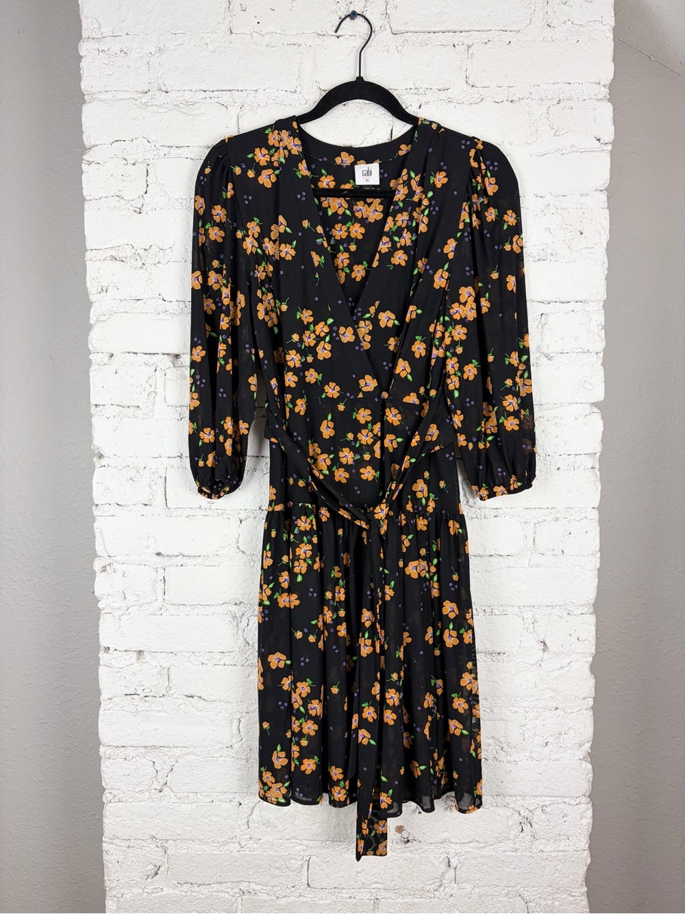 Cabi Debut Floral Marigold Long Sleeve Wrap Tie Dress 5945 XS